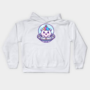 Cute unicorn flying with spaceship ufo cartoon Kids Hoodie